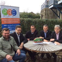 les Présidents des 5 associations regroupées sous PRE. De gauche à droite : Daniel BOUYER, Président Coeur de Retz Entreprises,  Yvonnick Kerboriou, Président de Force 8, Xavier LE BLOND, Président AESE, Yvan YVERNOGEAU, Président GERM et Christophe AUBRY,  Président Aigle.
