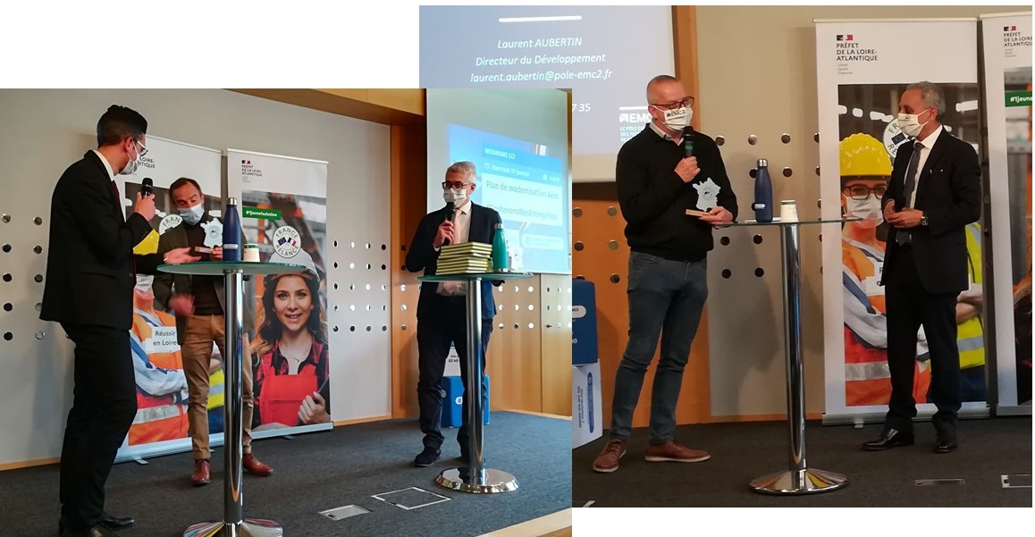 remise des trophées France Relance  par Amine Benzidir à Yann Trichard pour la CCI et par Louis Mazari à Laurent Aubertin pour le Pole EMC2